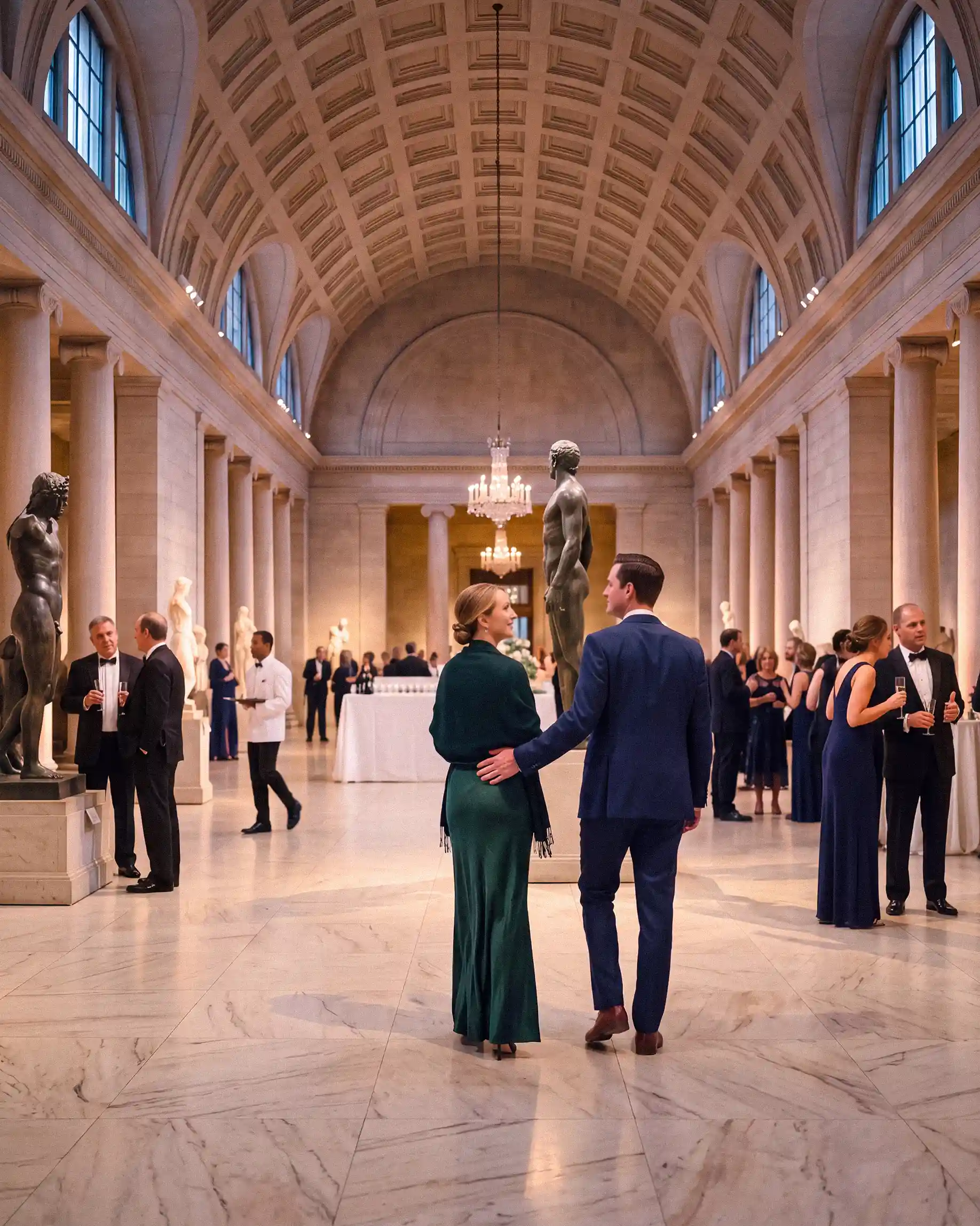 Two hosts in evening wear speaking on stage beside framed artworks